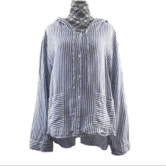 Tahari Blue Stripe Button Front Linen Shirt Hooded M nautical Lagenlook beach - Picture 2 of 10
